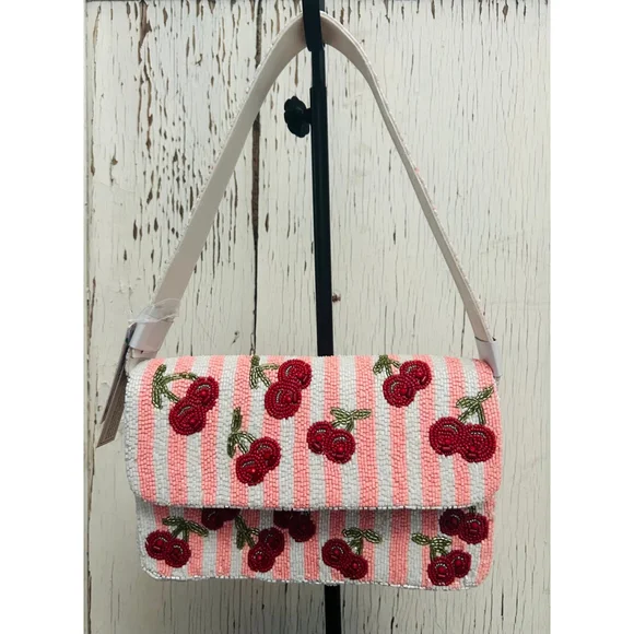 Handcrafted in India Viral Beaded Cherries Cherry Pink Striped Shoulder Bag - Picture 3 of 11